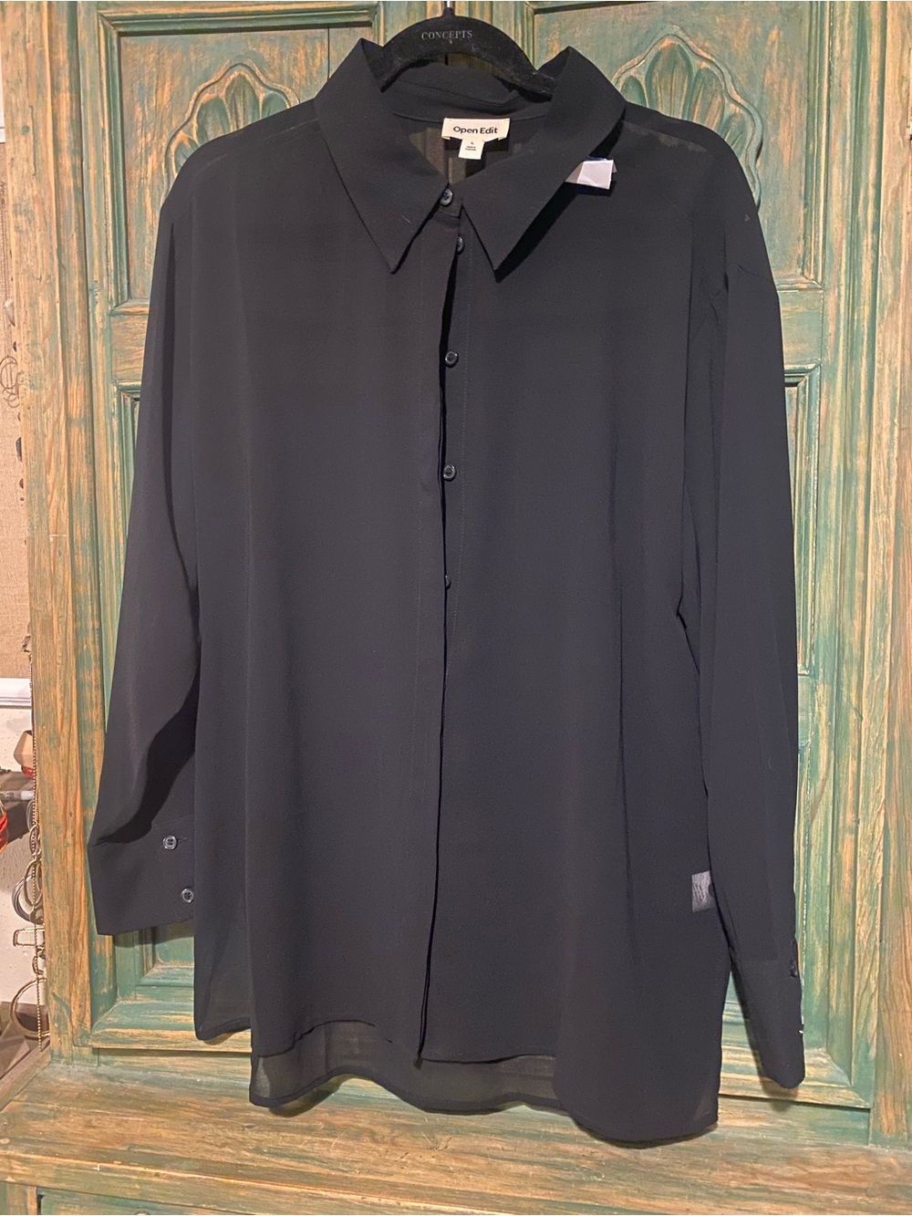 Womens Black Sheer  Button-Up Shirt